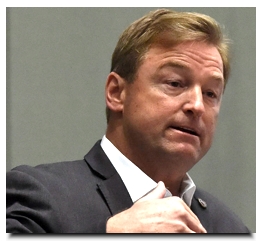 Nevada Sen. Dean Heller answers a question during a town hall at the Reno Sparks Convention Center in Reno, Nev. on April 17, 2107. (Andy Barron/Reno Gazette Journal via AP)