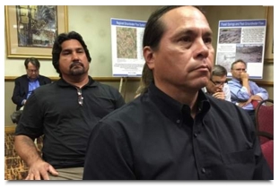 Joe Kennedy, left, of the Timbisha Shoshone tribe, and Western Shoshone Ian Zabarte listen to a speaker on Tuesday, Sept. 15, 2015, during a Nuclear Regulatory Commission panel meeting in Las Vegas about the Yucca Mountain Project. Keith Rogers/Las Vegas Review-Journal