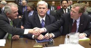 Gov. Kenny Guinn, center --  Jim Gibbons, R-Nev., left, shakes hands with state Sen. Jon Porter, R-Henderson